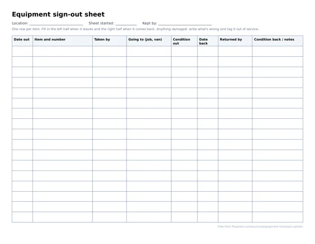 The blank equipment sign-out sheet: a landscape page with eight columns and seventeen empty rows
